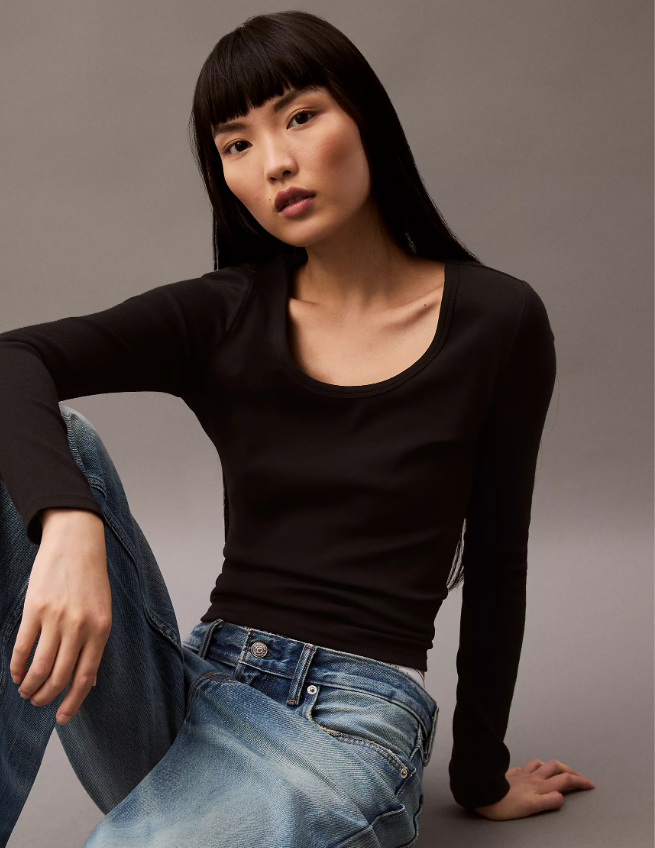 [S] CALVIN KLEIN BLACK COTTON CONTOUR RIB SLIM FIT LONG SLEEVE T-SHIRT, 40263WP-001 (SCK855)