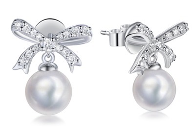 (6934) E4110 8mm Crystal Pearl Ribbon of Love Earrings（莫桑）