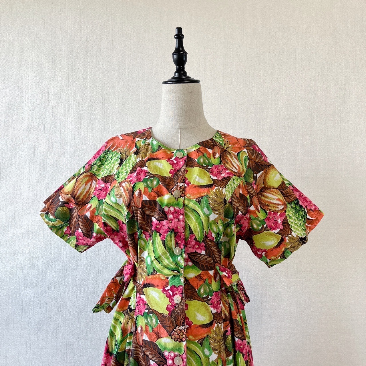 熱帶水果圖案古著綿質連身裙