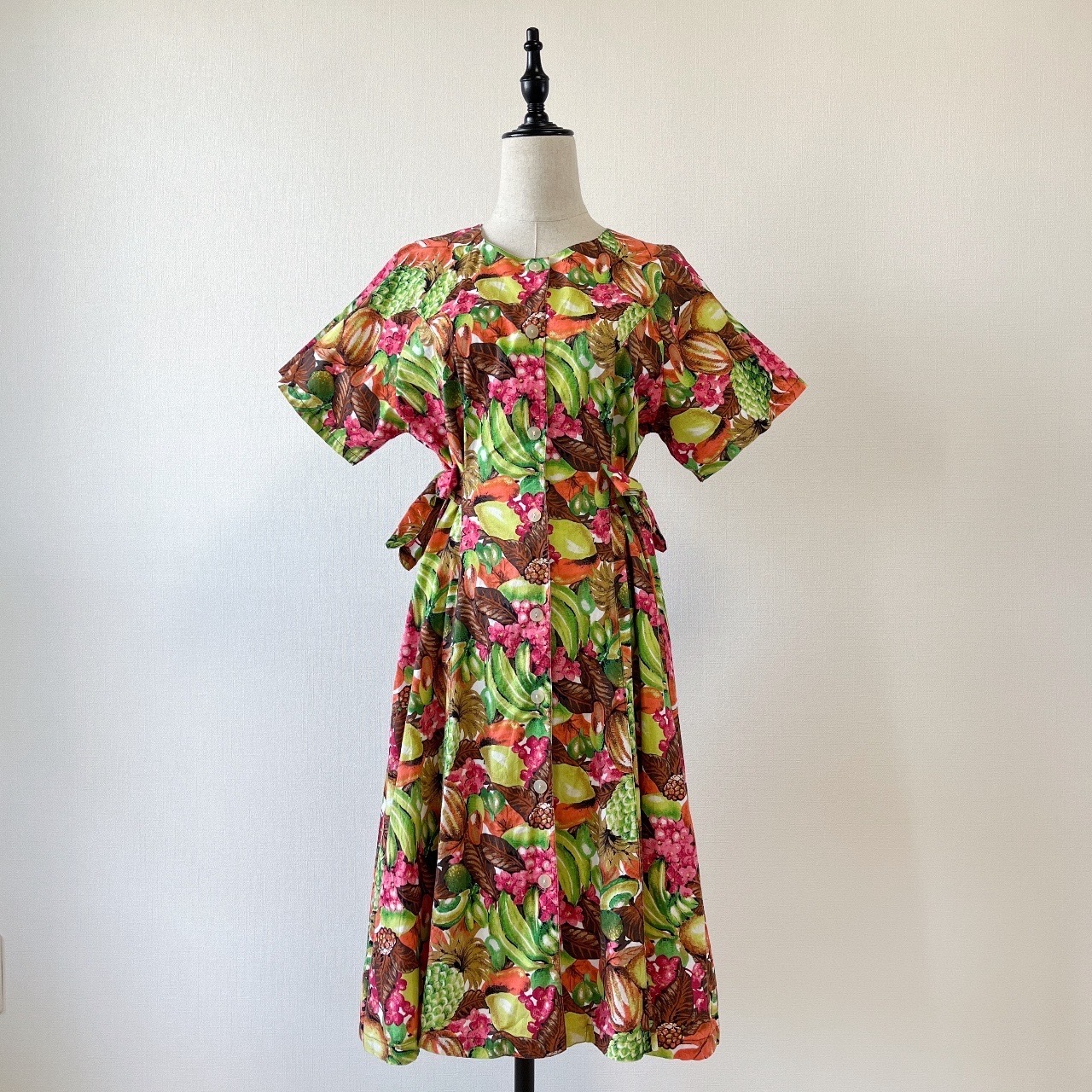 熱帶水果圖案古著綿質連身裙