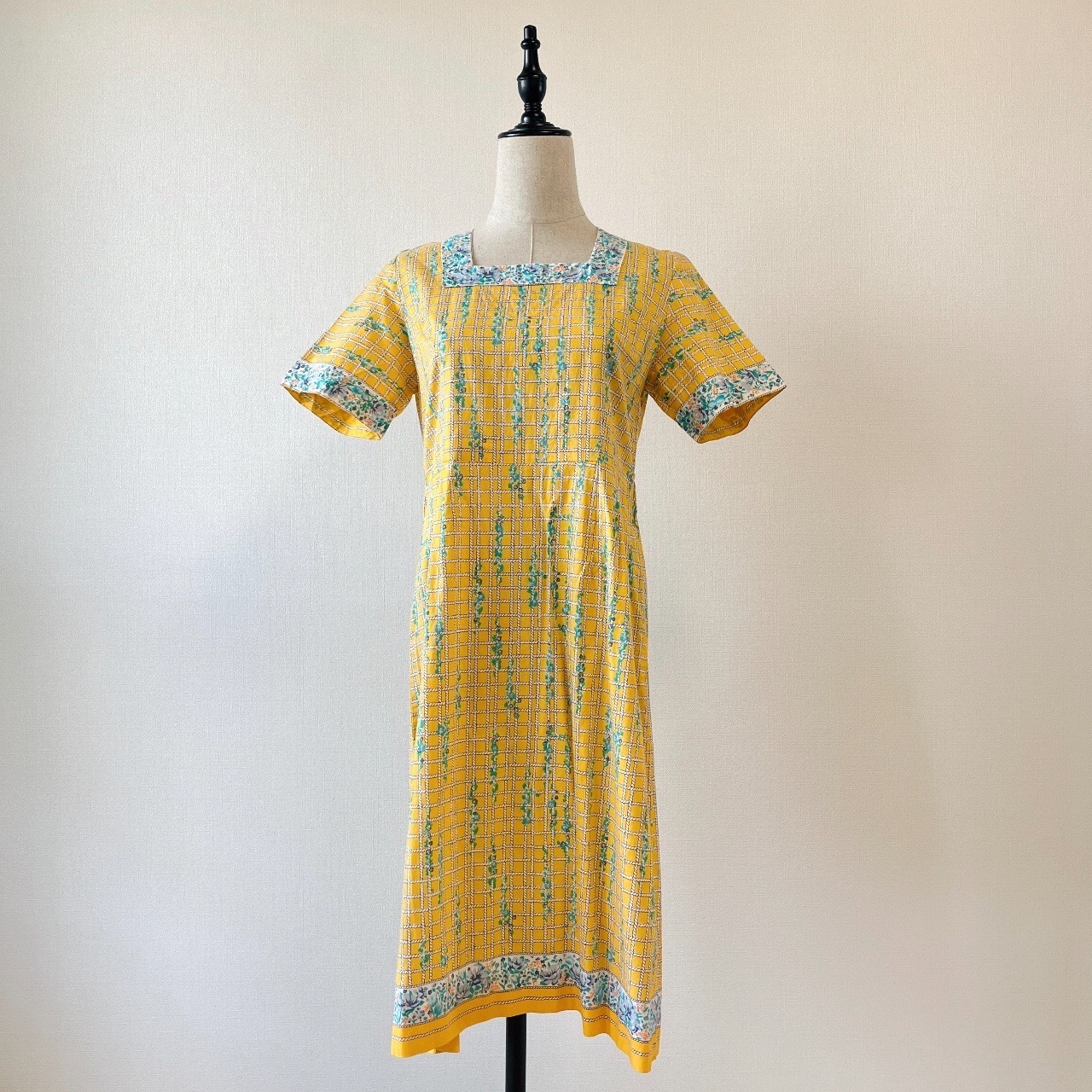 黃色小碎花格紋古著連身裙