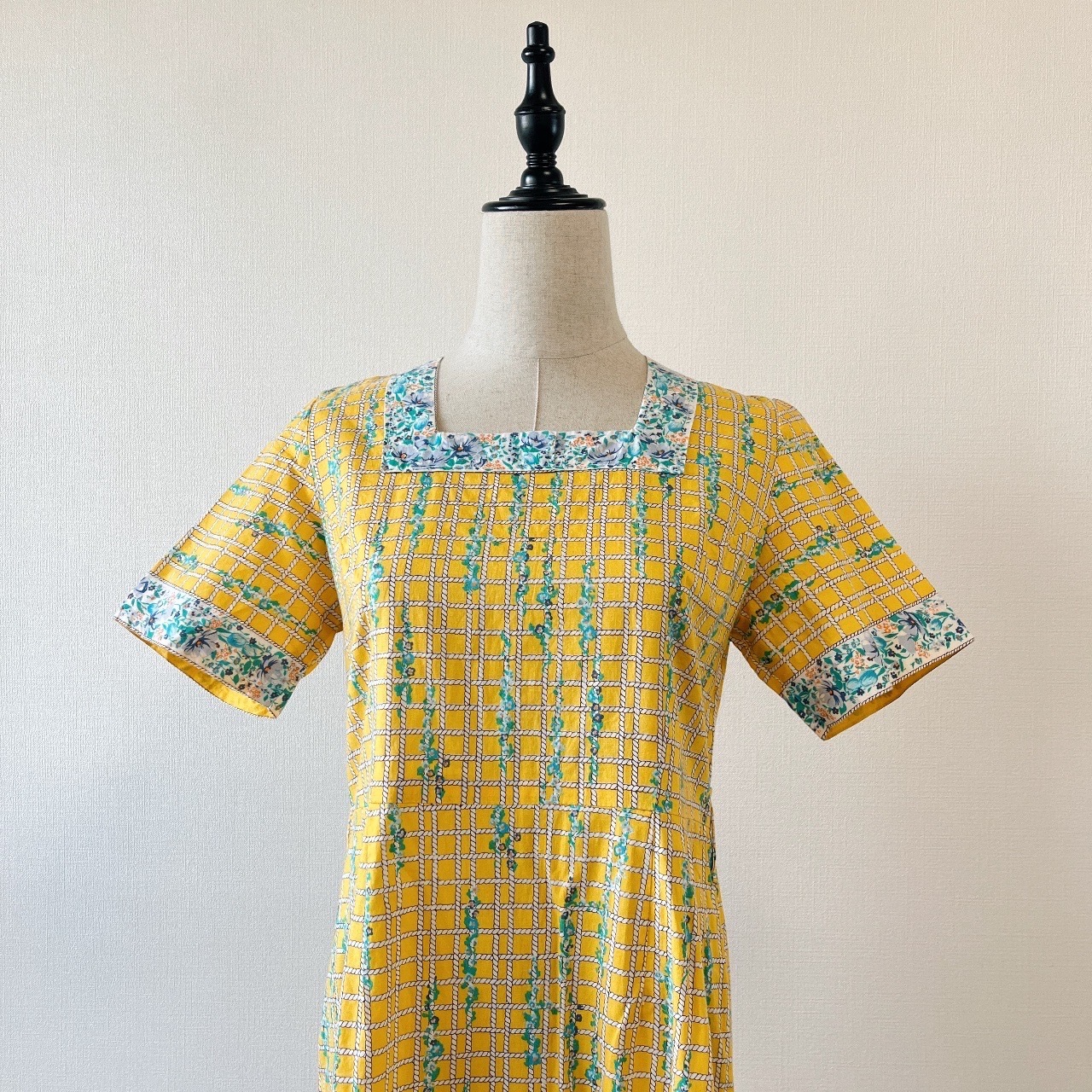 黃色小碎花格紋古著連身裙