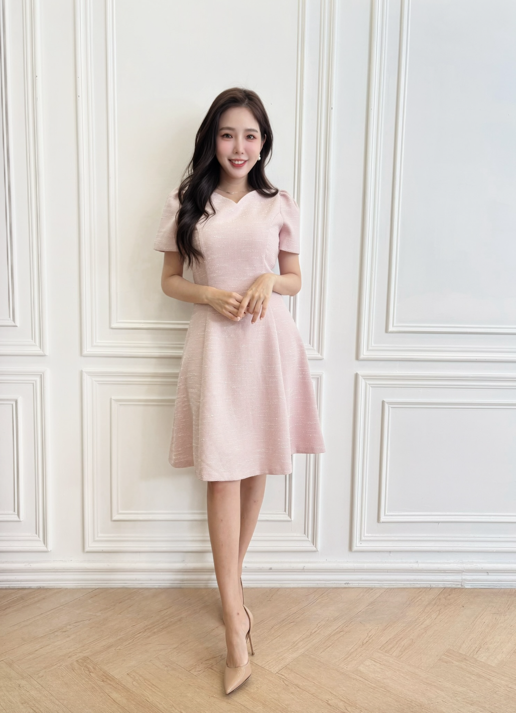 輕織紋V領短袖傘洋