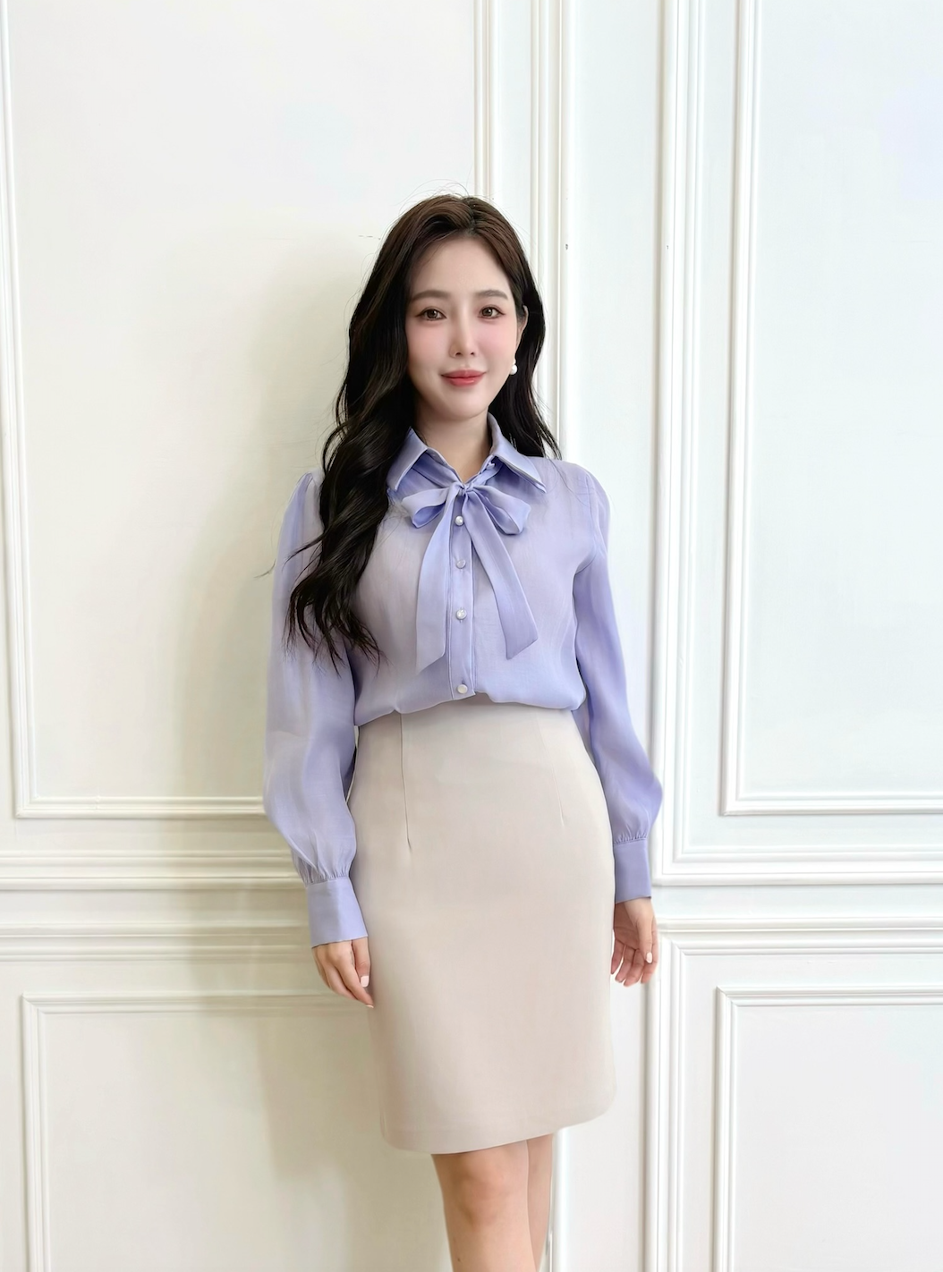 優雅微透雙層領綁帶上衣