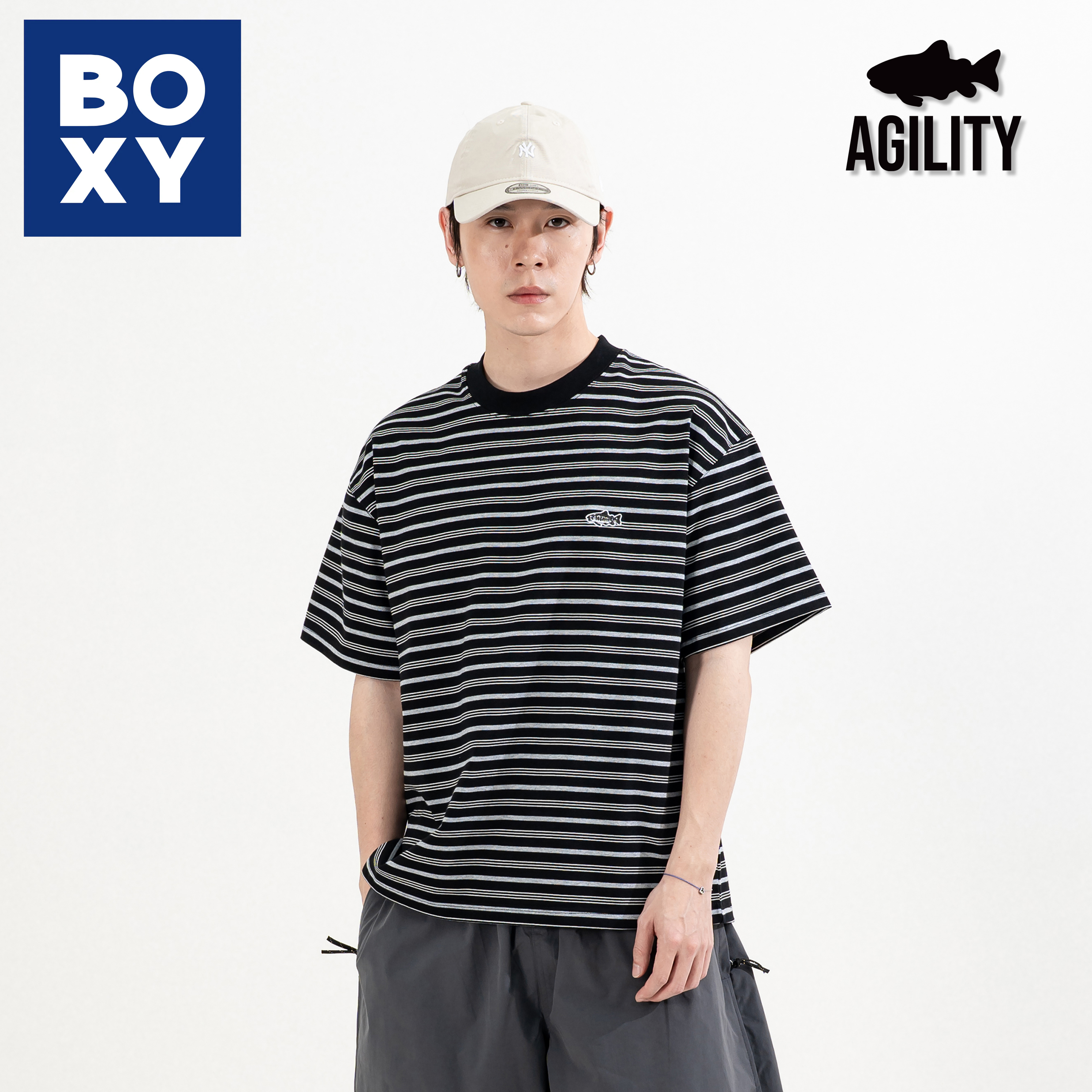 AGILITY Embroidery Stripe Boxy Tee 寬短 小鮭魚刺繡 條紋短Tee [RS0-S26]
