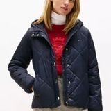 [S] TOMMY HILFIGER NAVY WOMEN’S LIGHTWEIGHT PUFFER HOODED JACKET, STH1654 (STH1654)