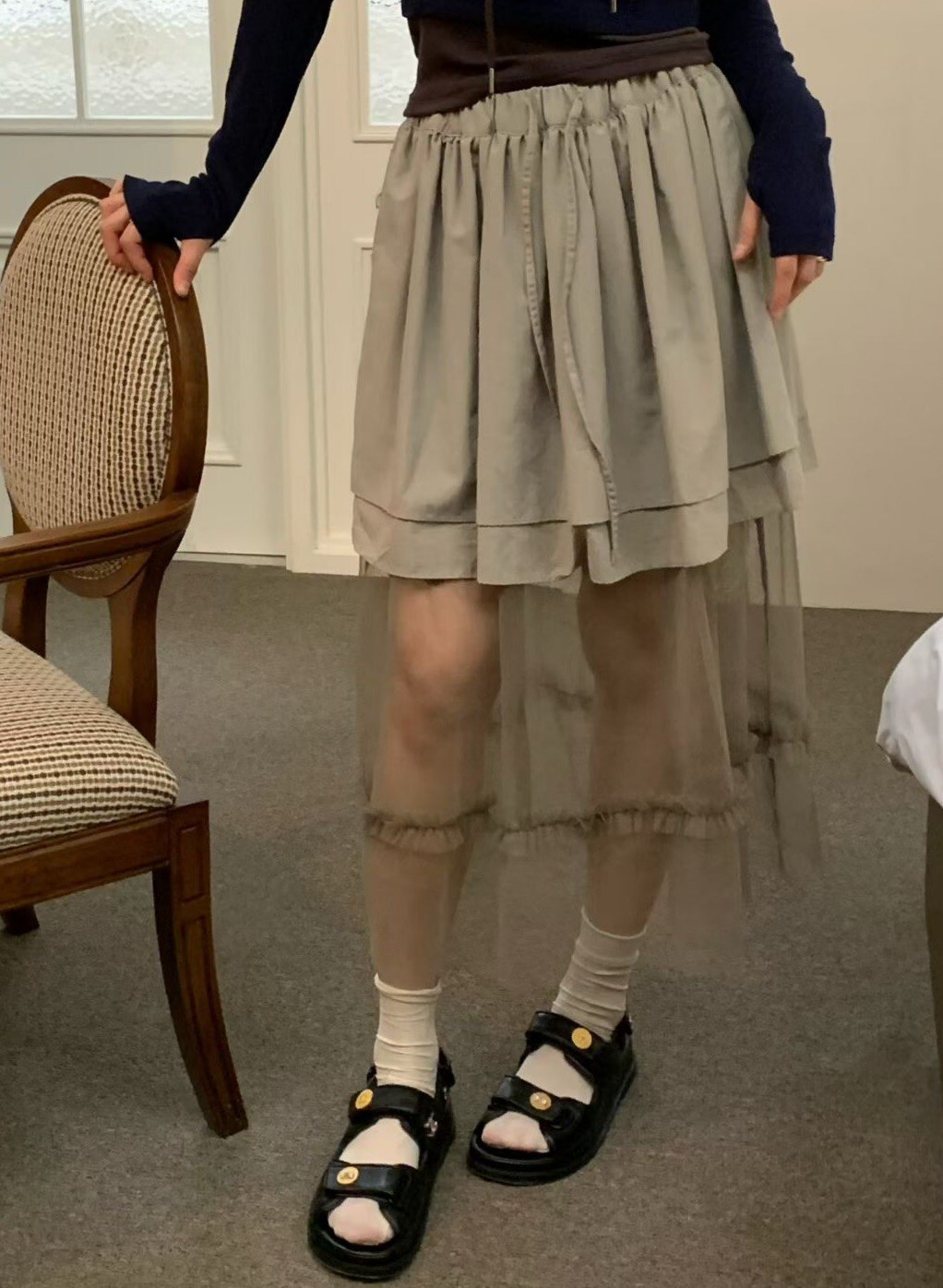 抽繩下接紗長裙