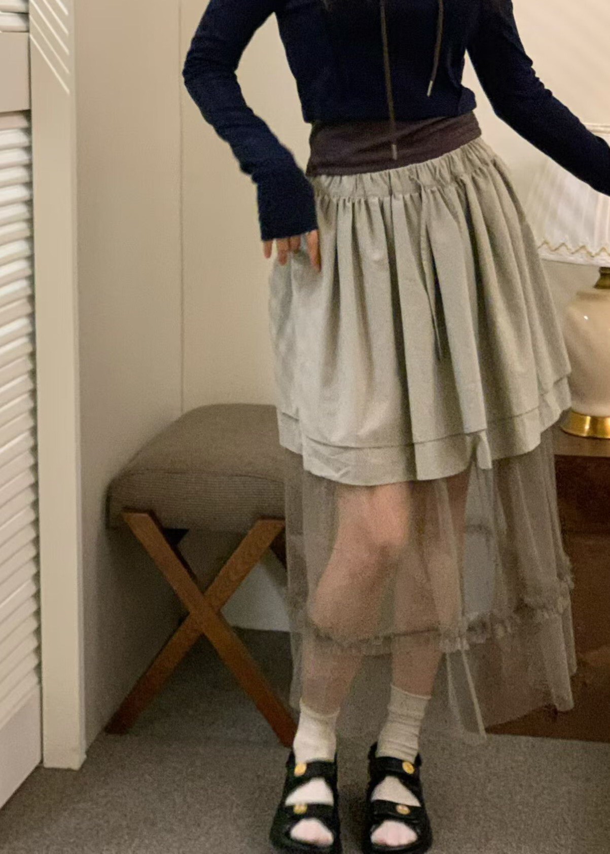 抽繩下接紗長裙