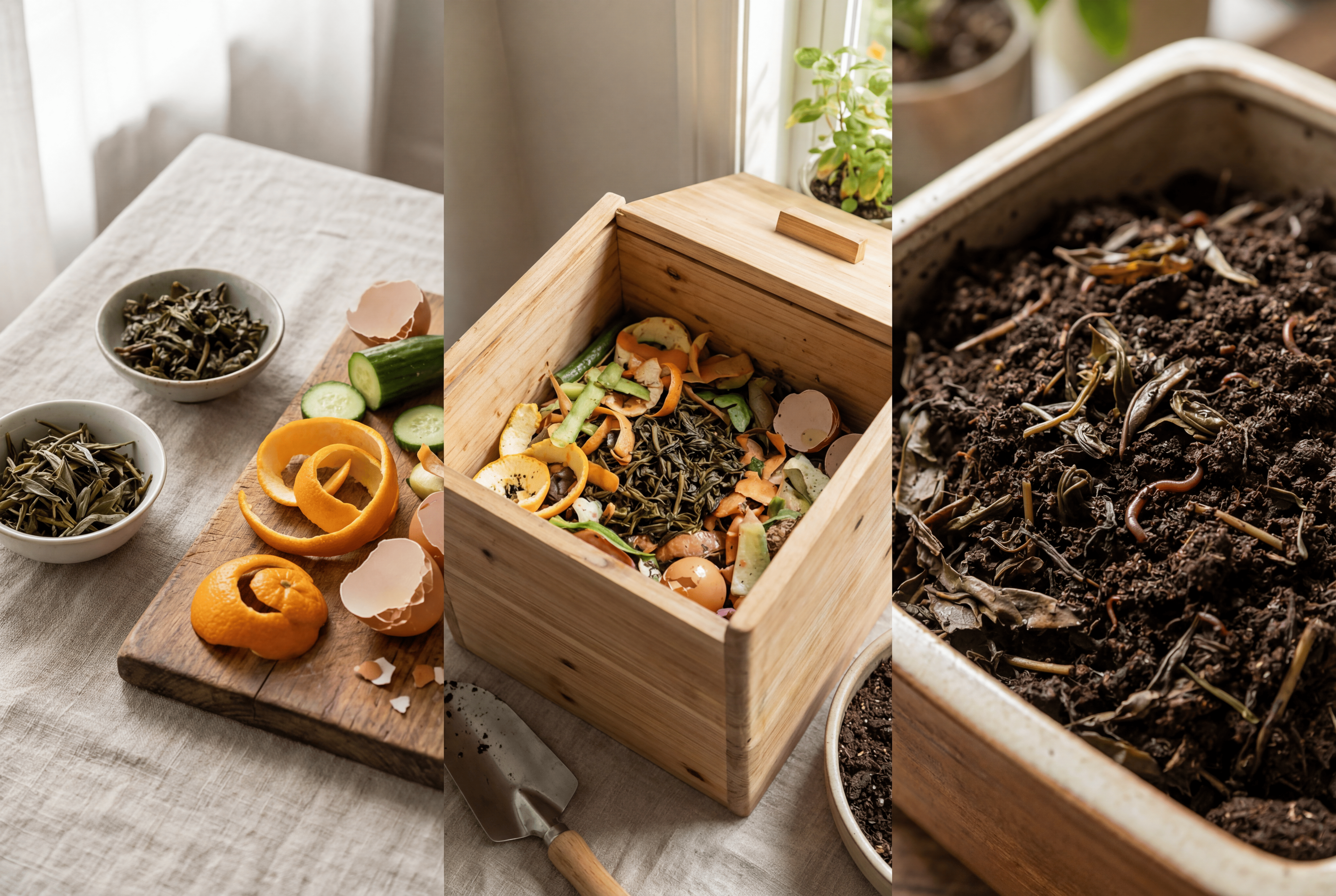 茶渣與廚餘混合進行堆肥的製作過程，展示茶葉肥料的實際做法