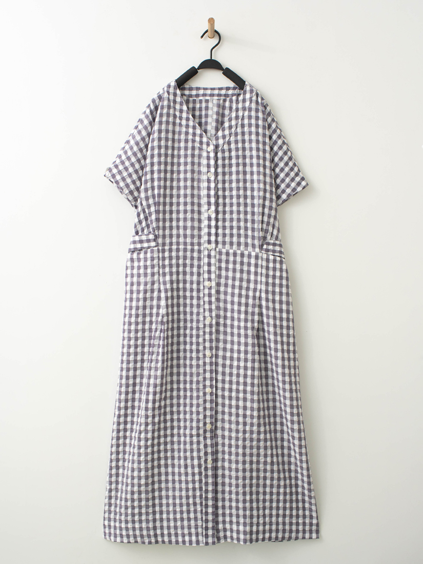 格紋泡泡布連袖洋裝透膚木耳邊內搭配釦剪接寬褲組合