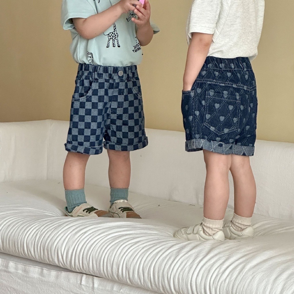 方格愛心兄弟姐妹牛仔短褲 / 2色