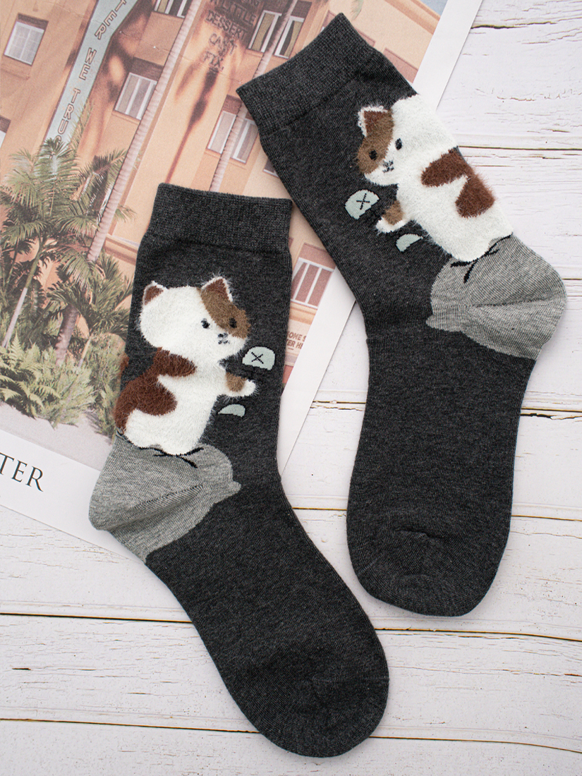 貪吃貓咪絨毛中筒襪