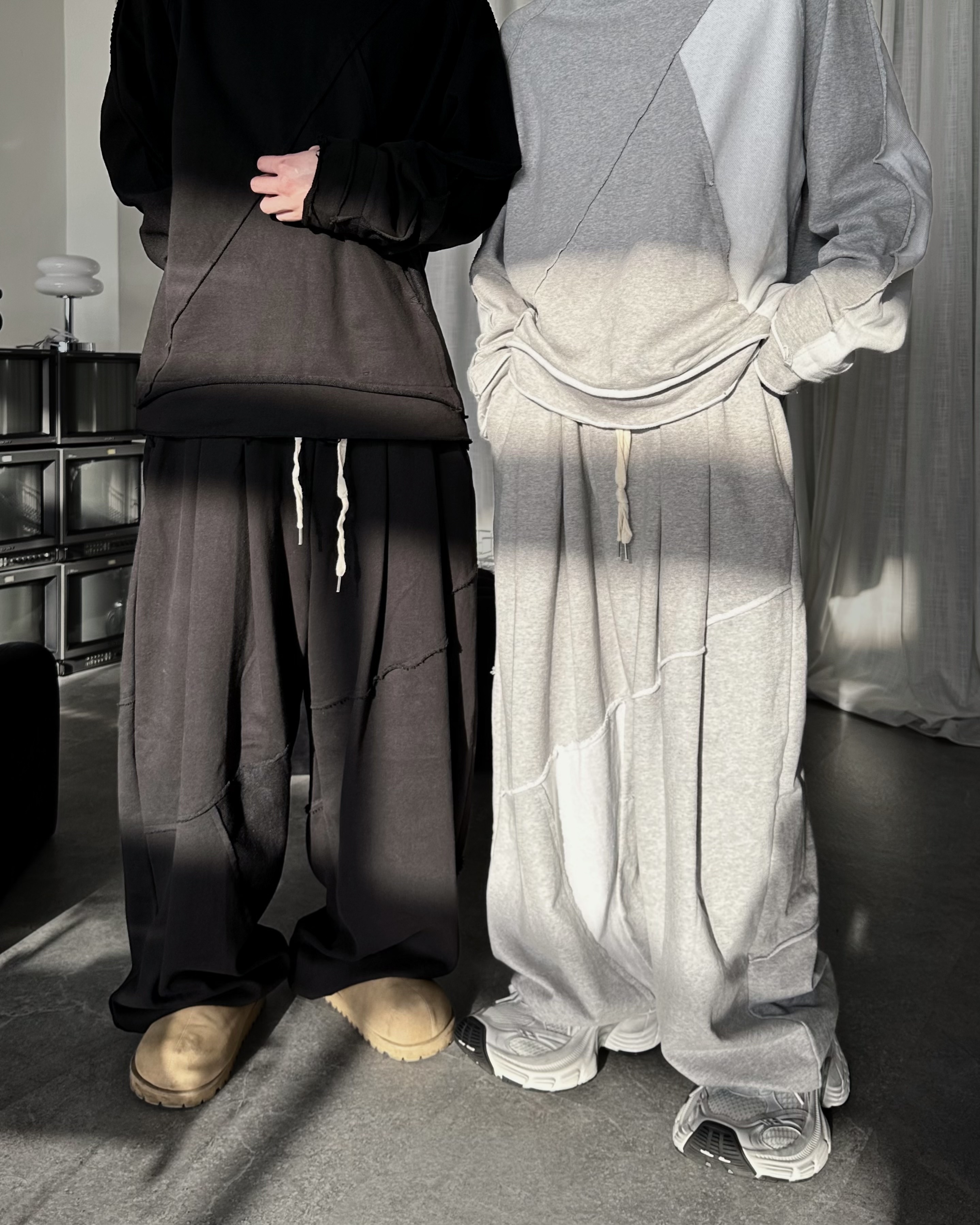 𝐇·𝐓·𝐒 韓國 反車線設計 不規則 拼接 寬大版型 套裝 下身 棉褲 長褲