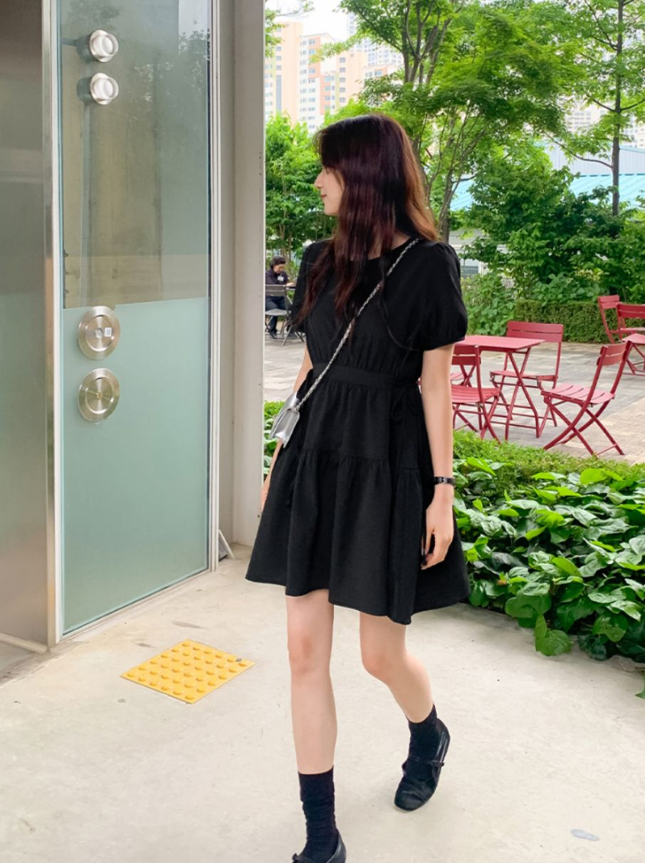 綁繩蛋糕連身裙(黑色)