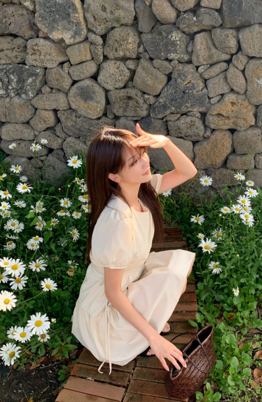 綁繩蛋糕連身裙(杏色)