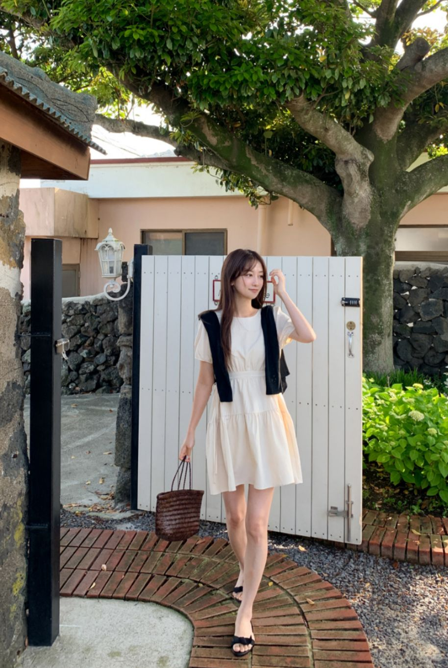 綁繩蛋糕連身裙(杏色)