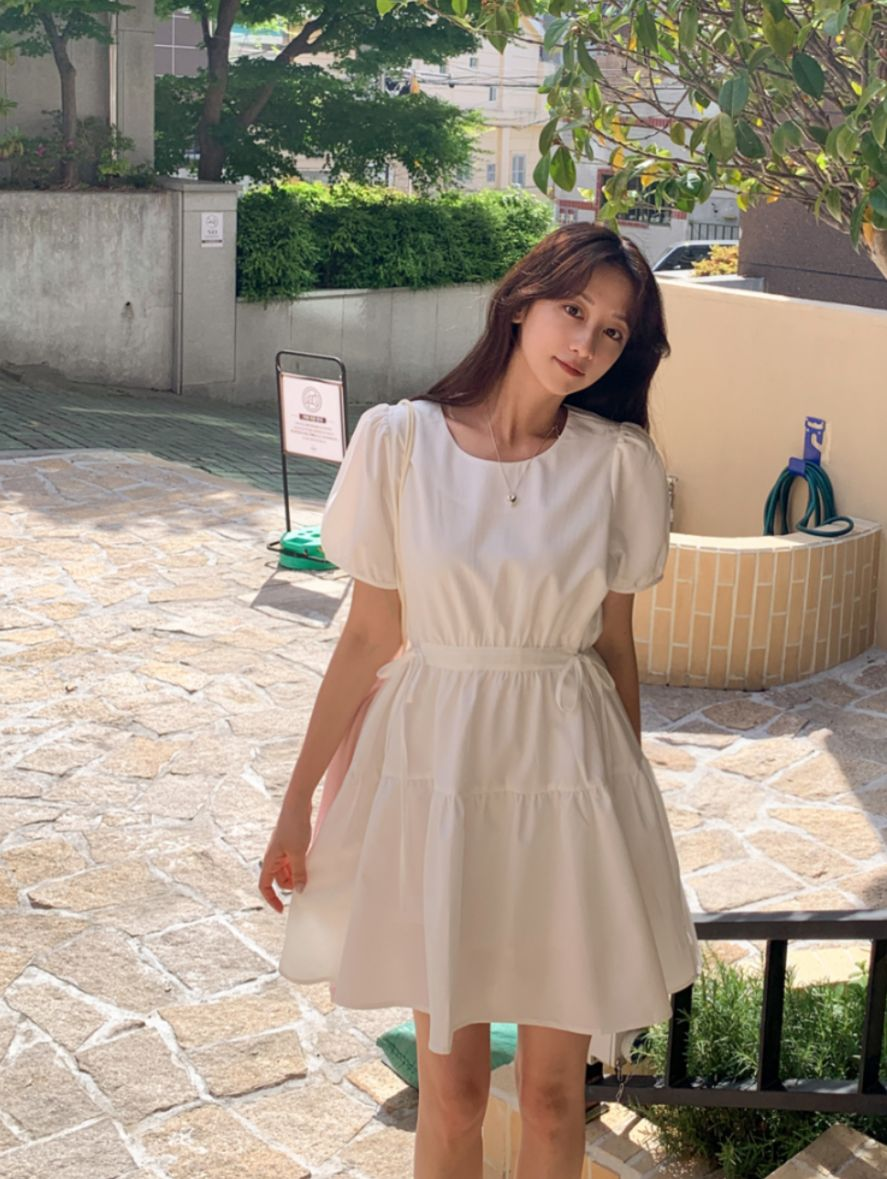 綁繩蛋糕連身裙(白色)