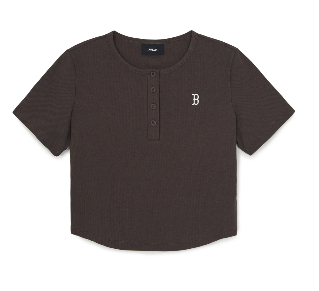 【入LIVECODE一件減至$298😱🔥！】【MLB】Women's Vintage Slim Ribbed Henley Neck Short Sleeve T-shirt Boston Red Sox