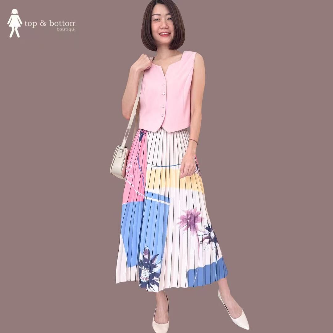 ELASTIC WAISTED PRINT PLEATED SKIRT