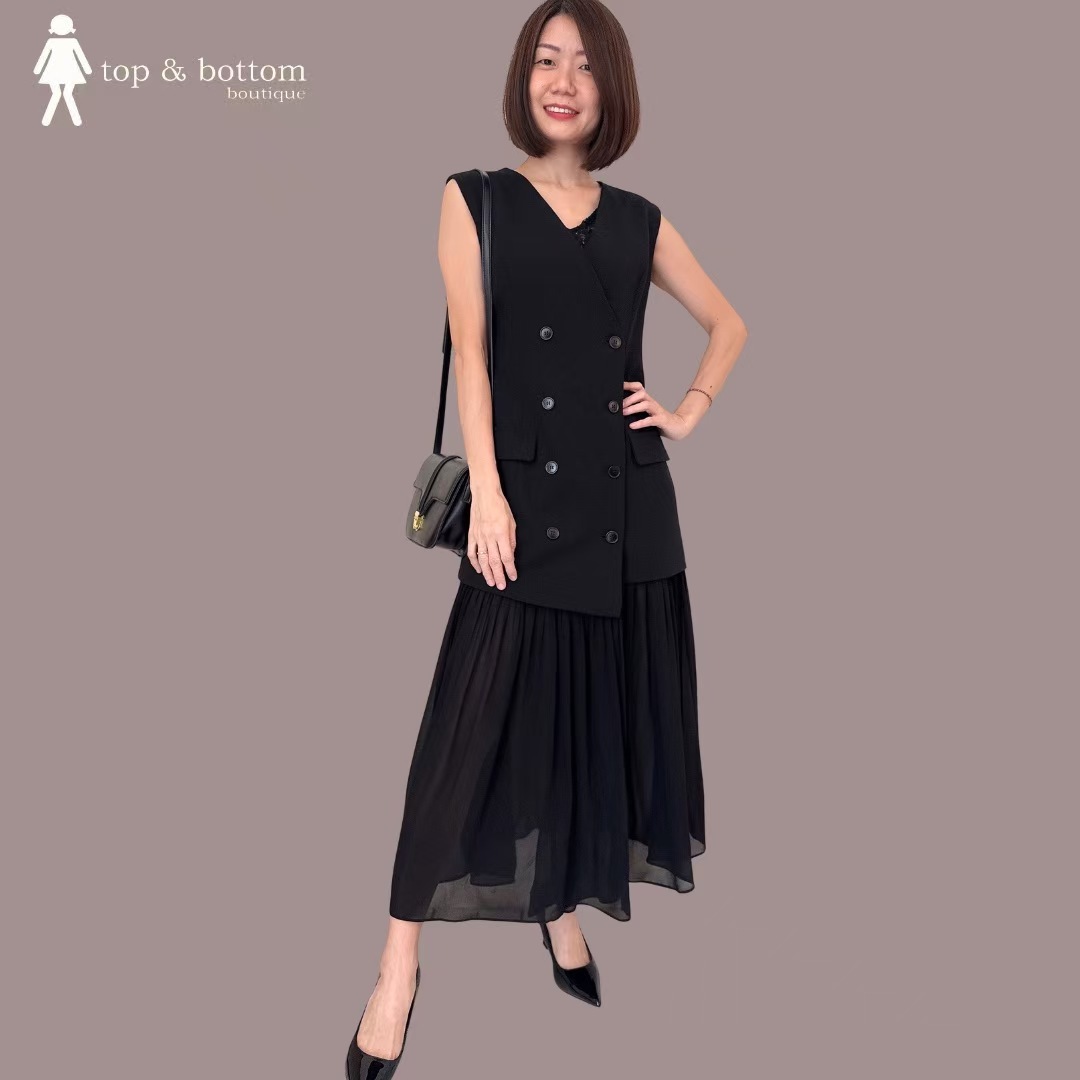 SLEEVELESS VESTED LONG DRESS WITH CHIFFON HEM