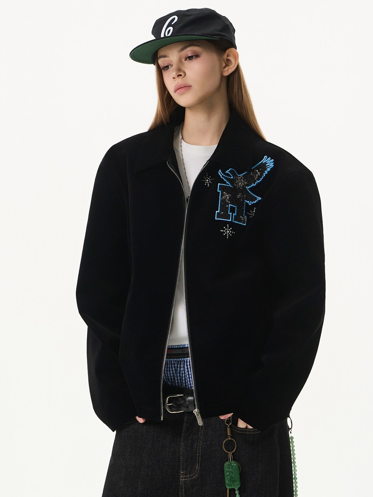 Harsh and Cruel 亮片和平鴿貼布 植絨牛仔 休閒寬鬆 短寬翻領外套