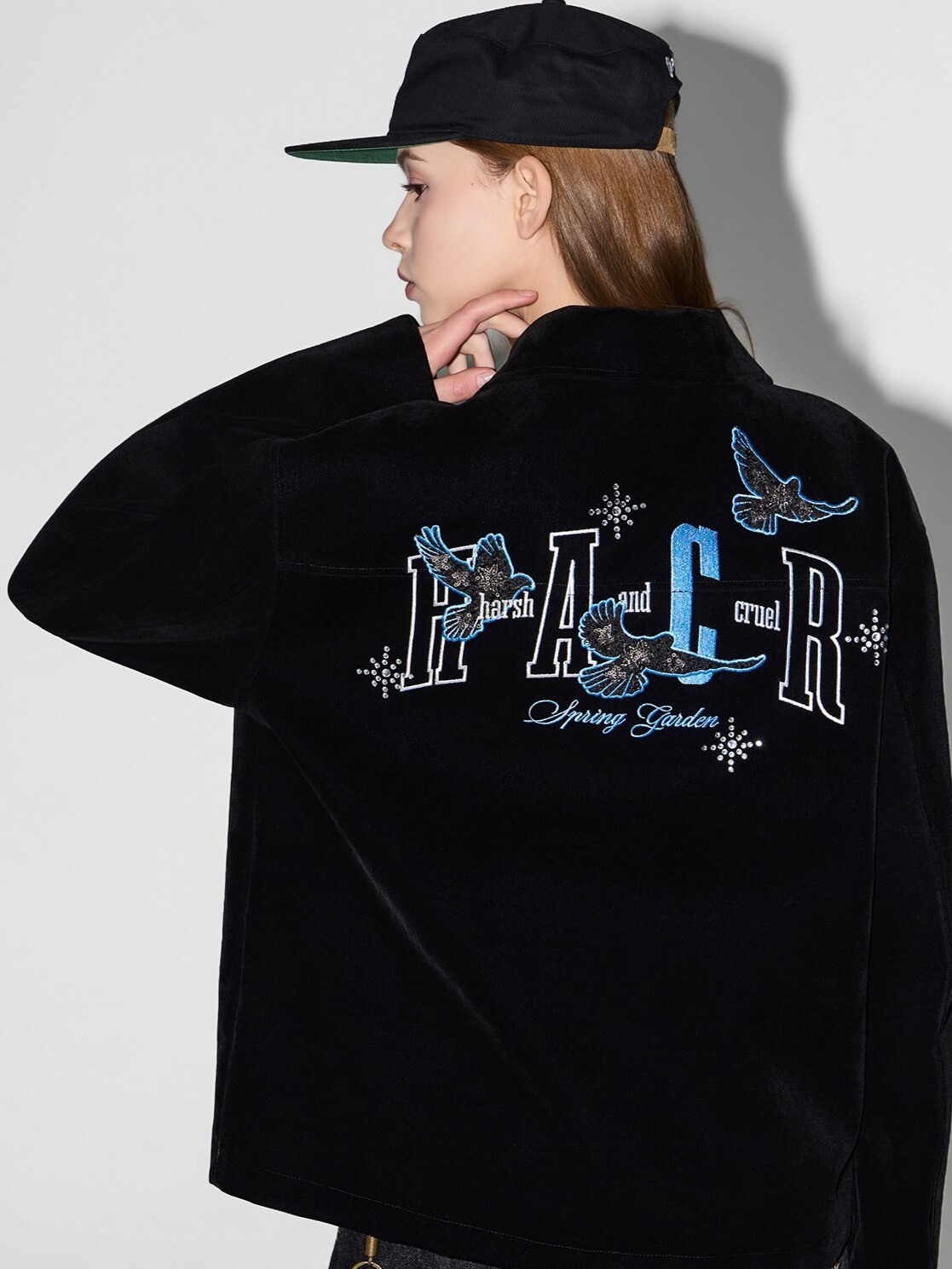 Harsh and Cruel 亮片和平鴿貼布 植絨牛仔 休閒寬鬆 短寬翻領外套