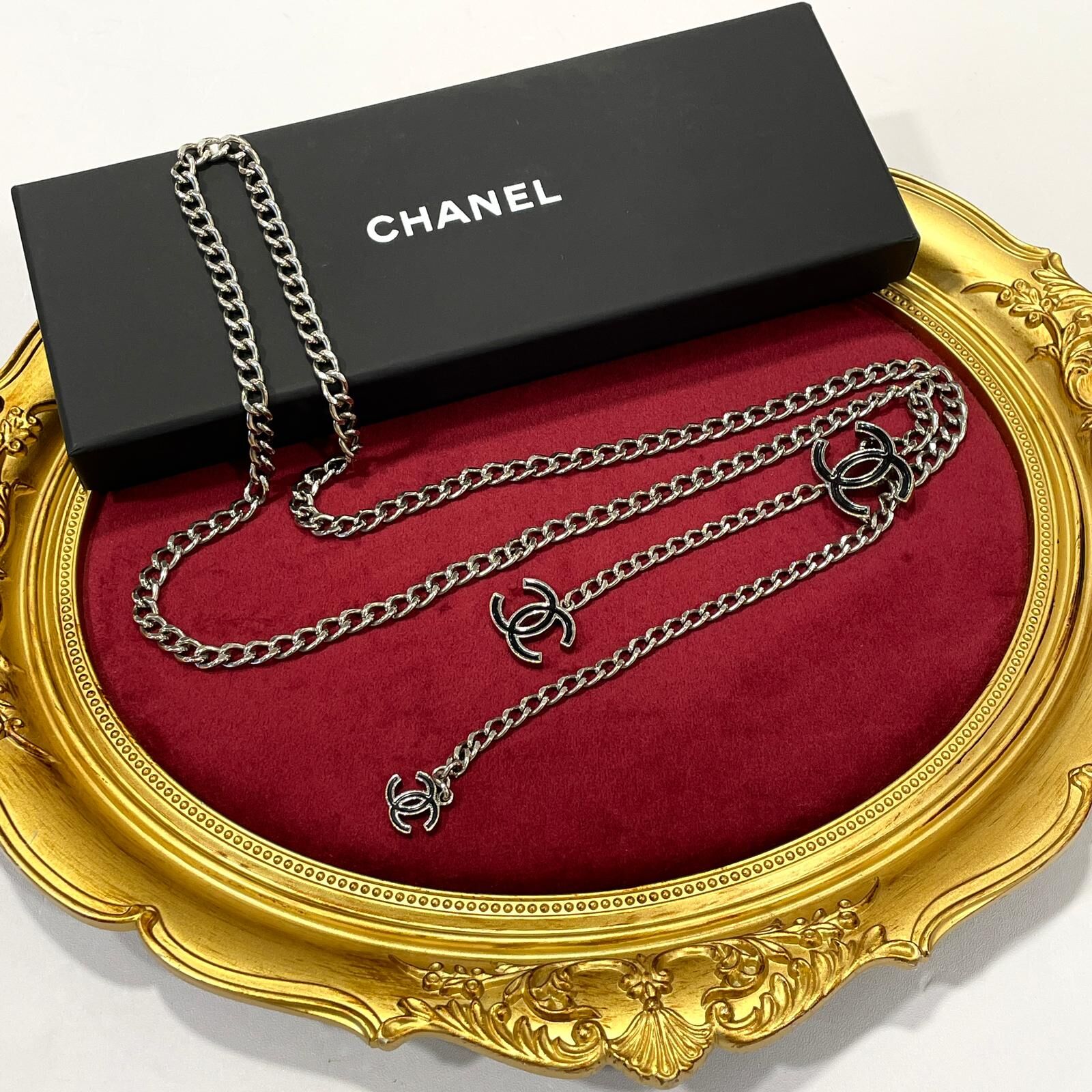 95%NEW二手CHANEL頸鏈,香奈兒腰鏈, 兩用款, 黑色琺瑯CC LOGO銀色, #香榭站正品