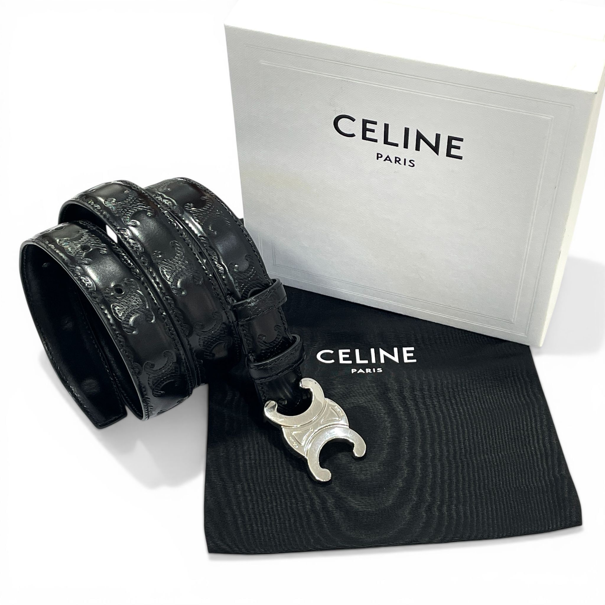 全新CELINE BELT  25mm 80碼 TRIOMPHE 黑色小牛皮凱旋門銀扣 45AKA3ANP, 瑟令皮帶 #BRAND NEW #香榭站正品