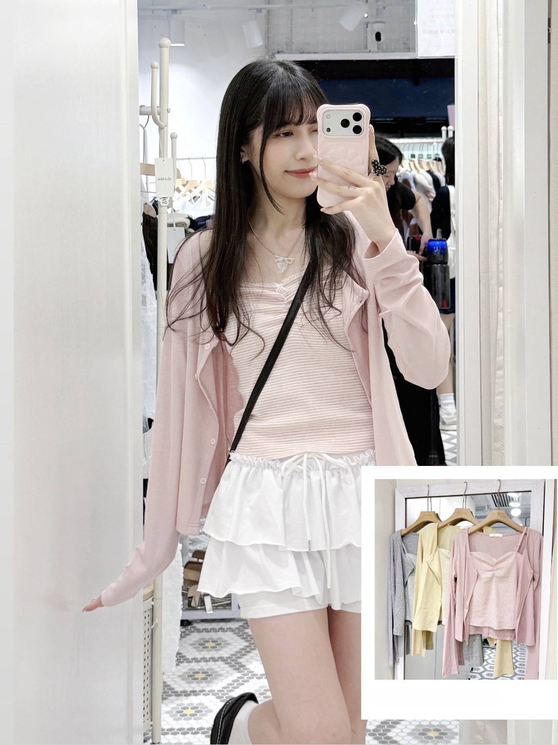 S0237｜少女溫柔🌷͙⋆ ִֶָ˖·˳ ִֶָ間條蝴蝶結吊帶連長袖外套SET