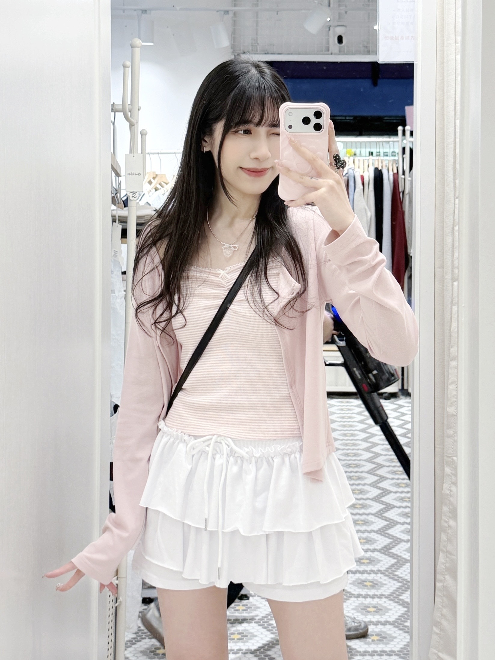 S0237｜少女溫柔🌷͙⋆ ִֶָ˖·˳ ִֶָ間條蝴蝶結吊帶連長袖外套SET