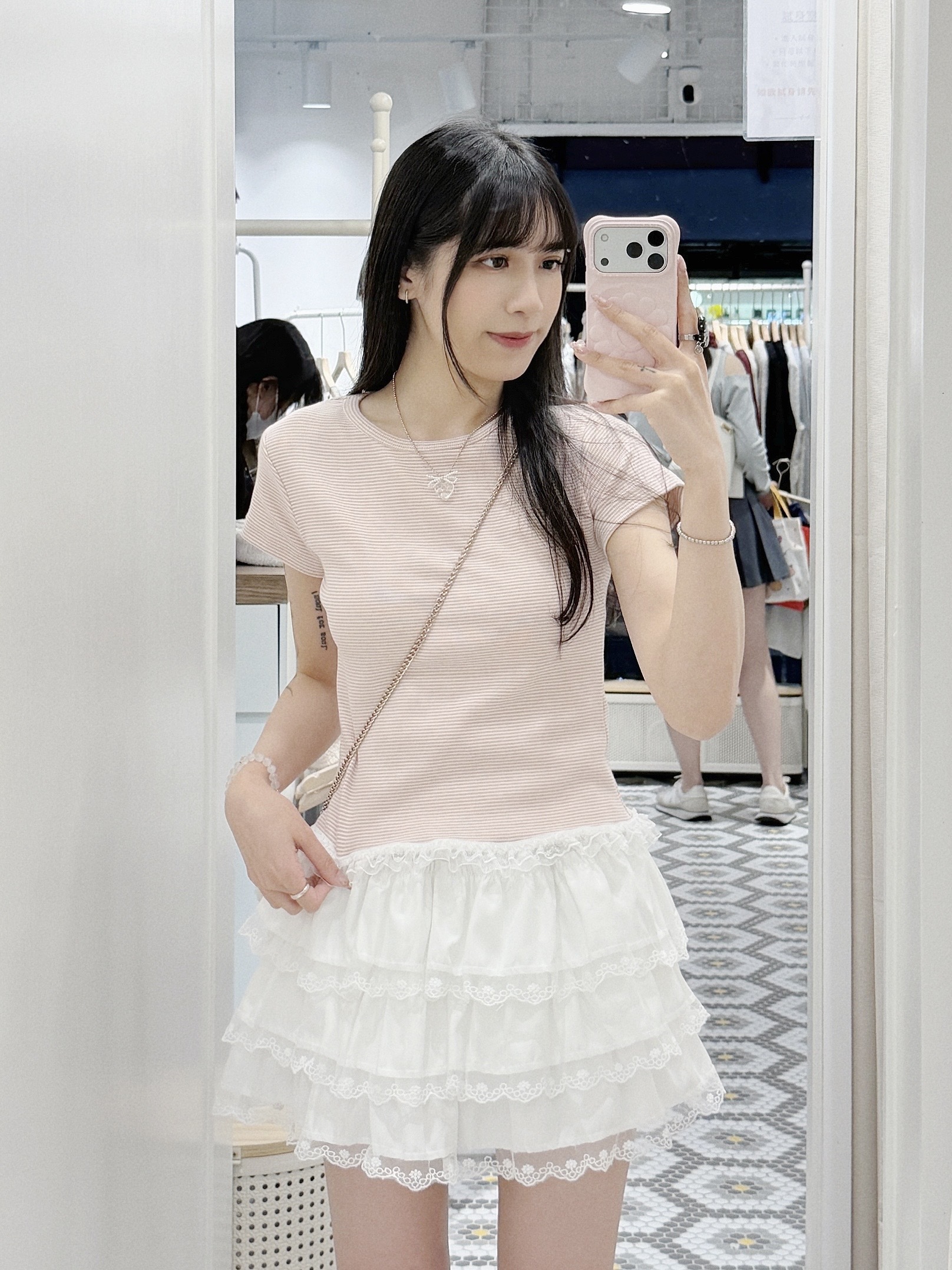 T1298｜少女清新感⋆.𐙚 ̊幼間紋透視花邊層次感短袖上衣