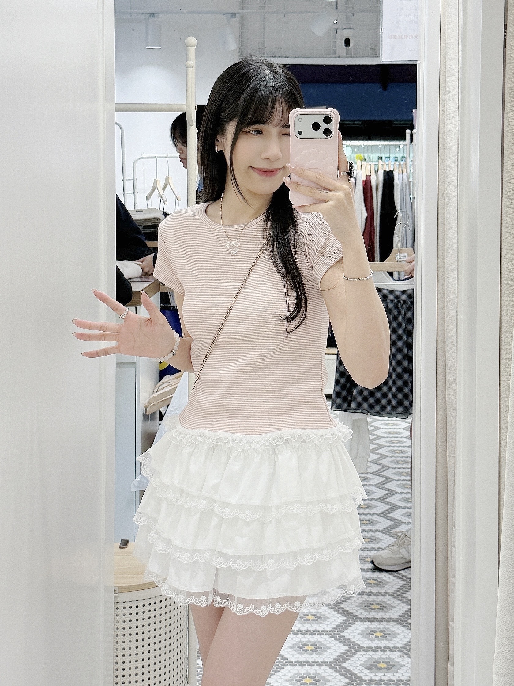 T1298｜少女清新感⋆.𐙚 ̊幼間紋透視花邊層次感短袖上衣