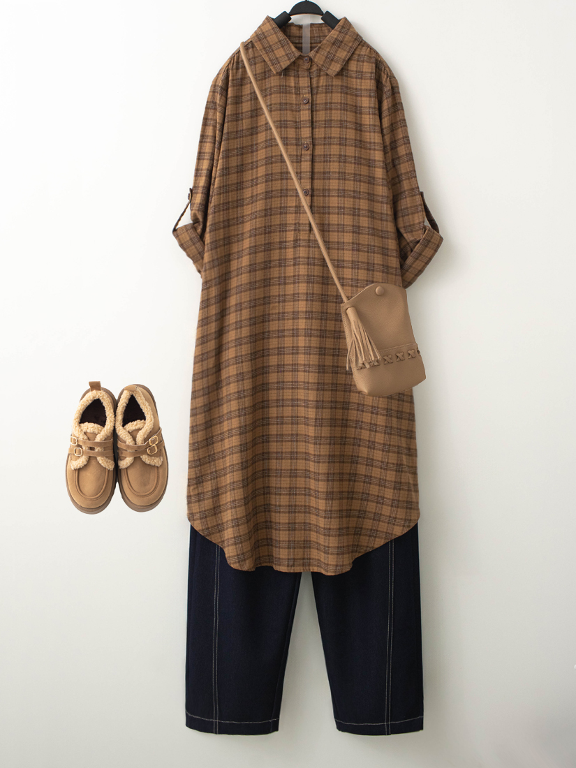 格紋半開襟洋裝天絲棉綁帶壓線直筒褲組合