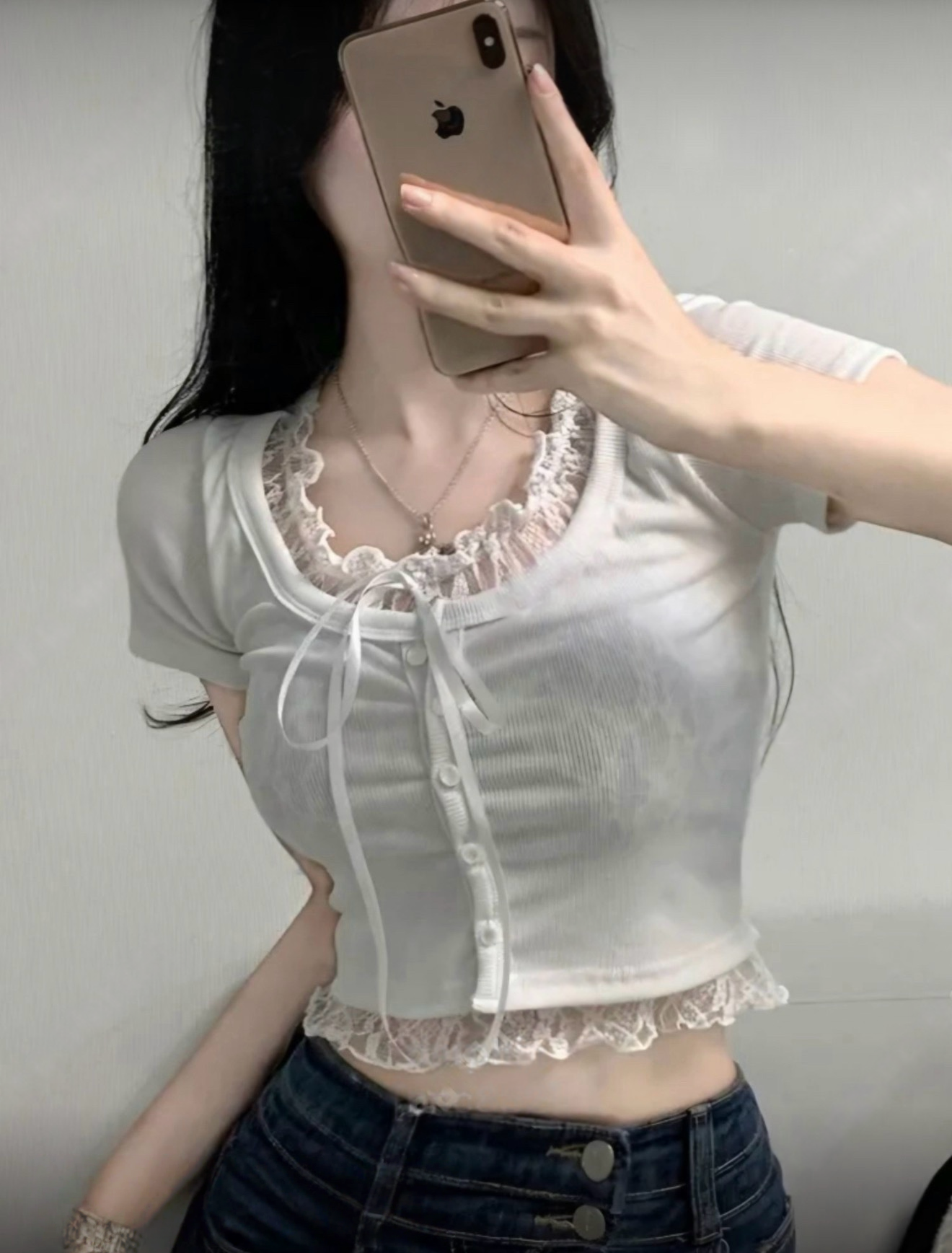 （3月韓國連線）T1046｜超美✨芭蕾舞風蕾絲綁帶假兩件上衣