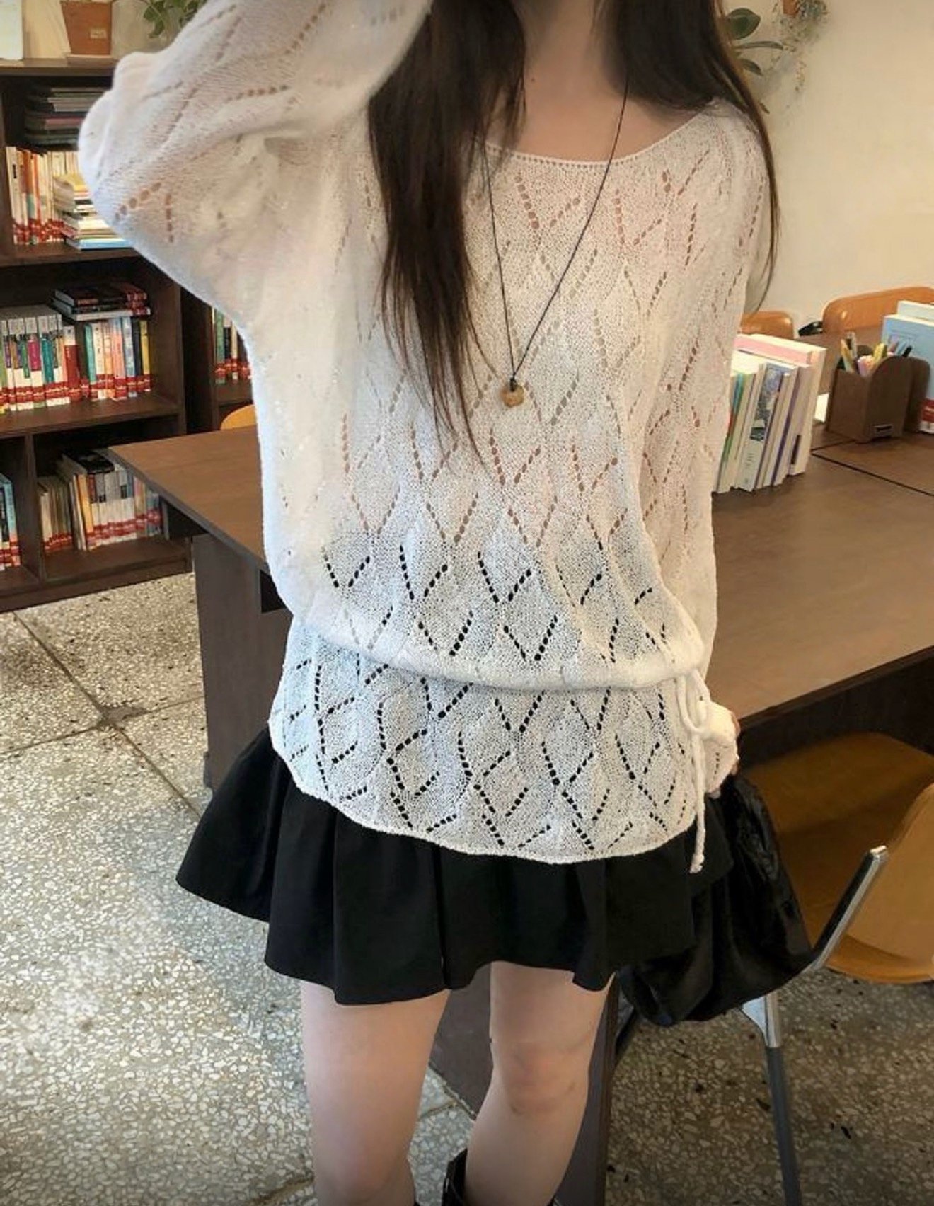 （3月韓國連線）K0461｜民族風𓇼🐚. ݁₊ 菱格紋束腰綁帶寬鬆針織長袖上衣