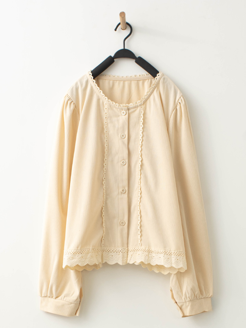 蕾絲織帶條絨上衣打褶剪接蘿蔔繭型褲組合