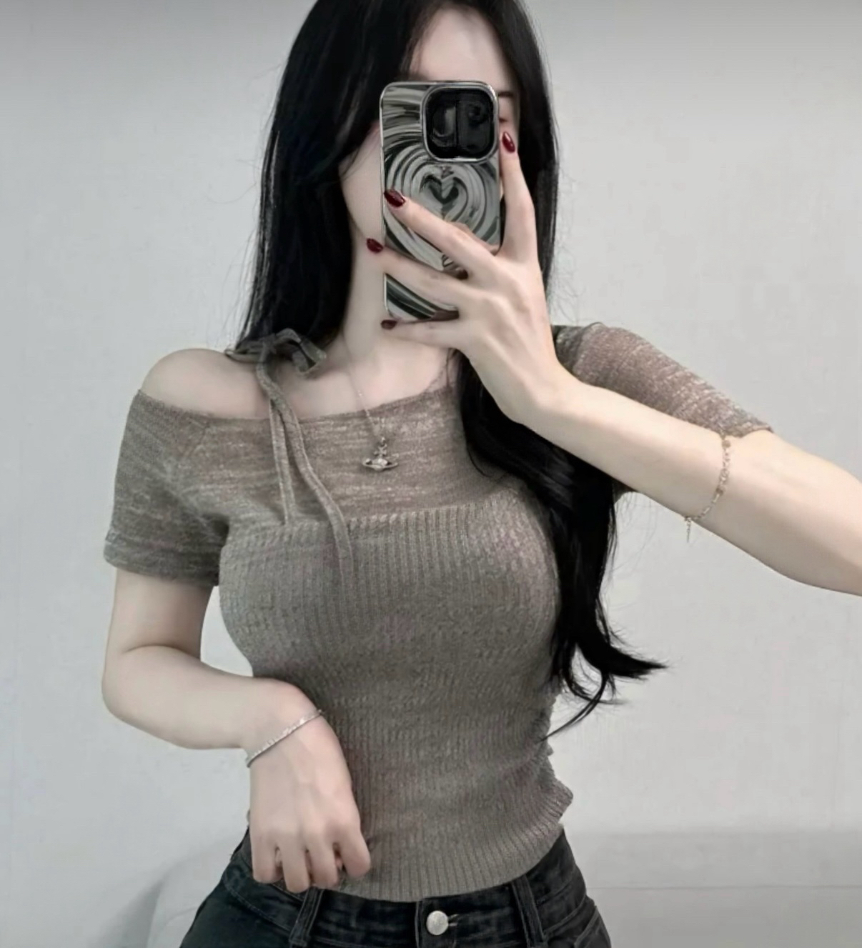 單邊露肩針織短袖