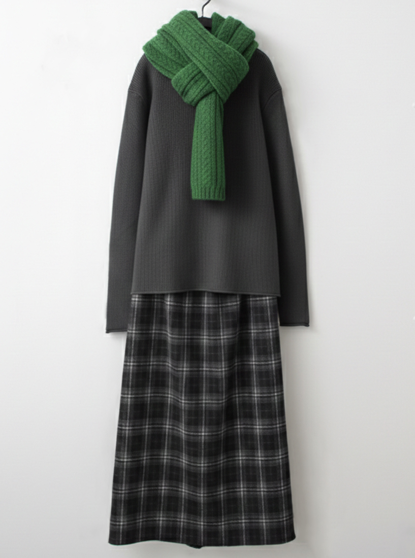 捲邊落肩針織上衣格紋內絨毛開衩長裙組合