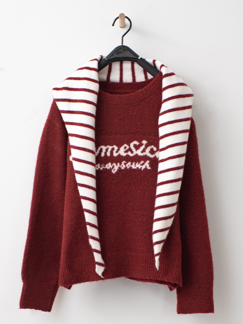 條紋披肩針織上衣格紋內絨毛開衩長裙組合