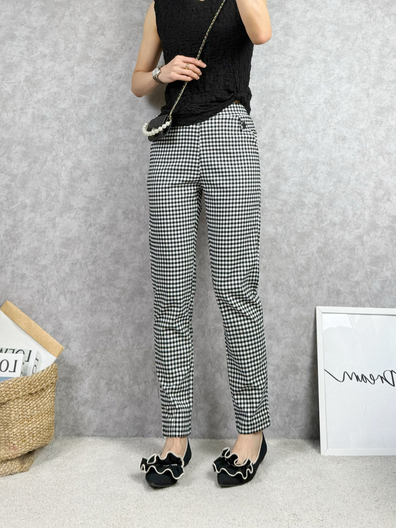 輕熟氣質★顯瘦高腰格紋彈力褲