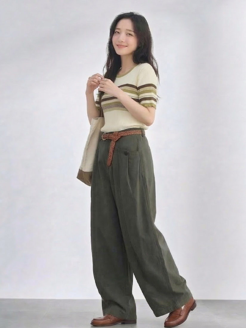 微簍空針織短袖跳色配釦剪接設計寬褲組合