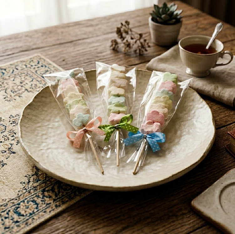 木質桌面上擺放著米白色質感瓷盤，盤內有三支粉嫩色系的花朵棉花糖串，搭配精緻的混色點點蝴蝶結，背景結合午茶茶杯與簡約室內風格，對比度清晰且具生活溫度。