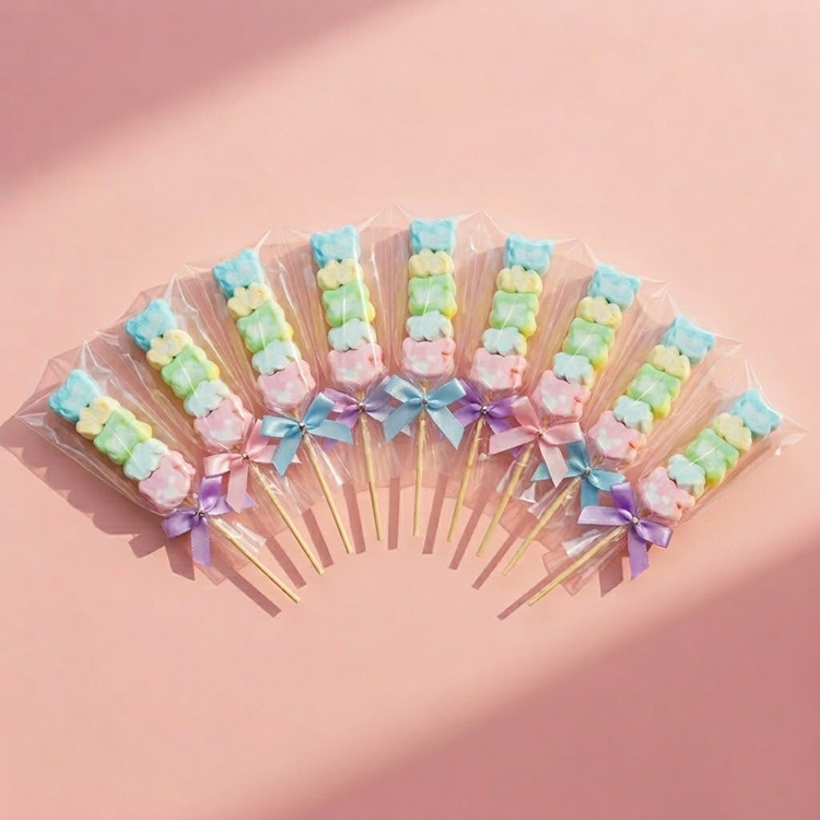 9支粉嫩色系熊熊花朵棉花糖串，搭配混色蝴蝶結，精緻包裝適合作為婚禮小物,生日禮物