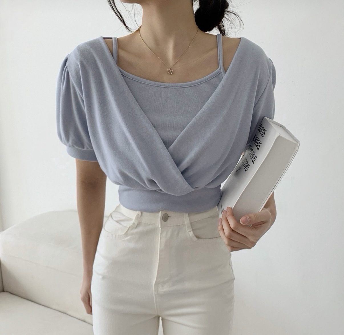 交叉泡泡假兩件短袖