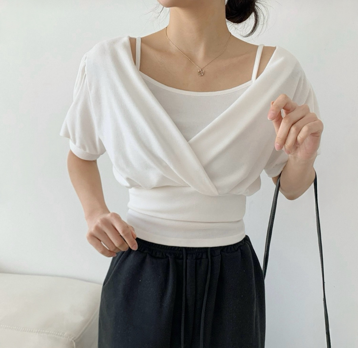 交叉泡泡假兩件短袖