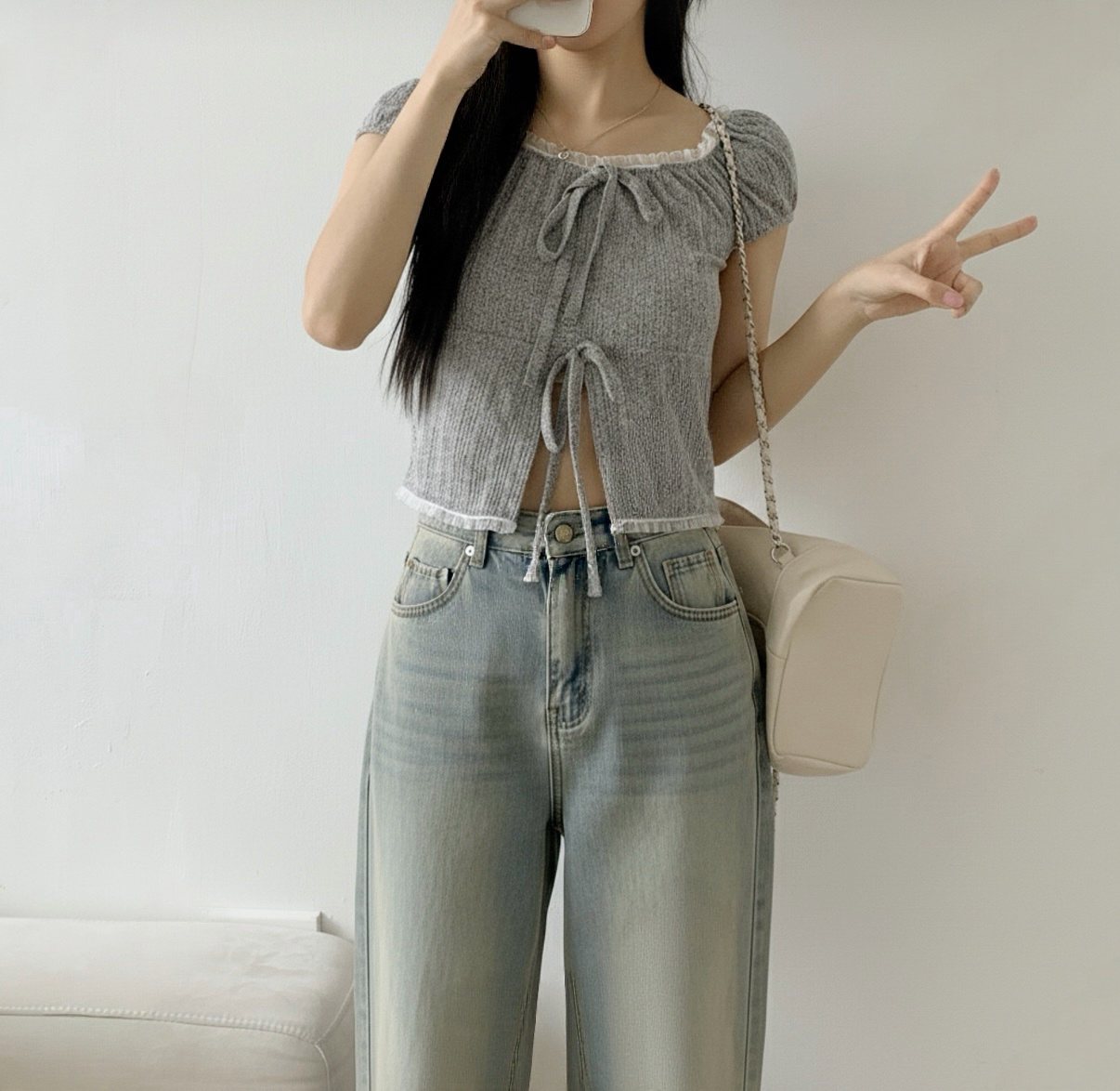 雙綁帶lace邊短袖