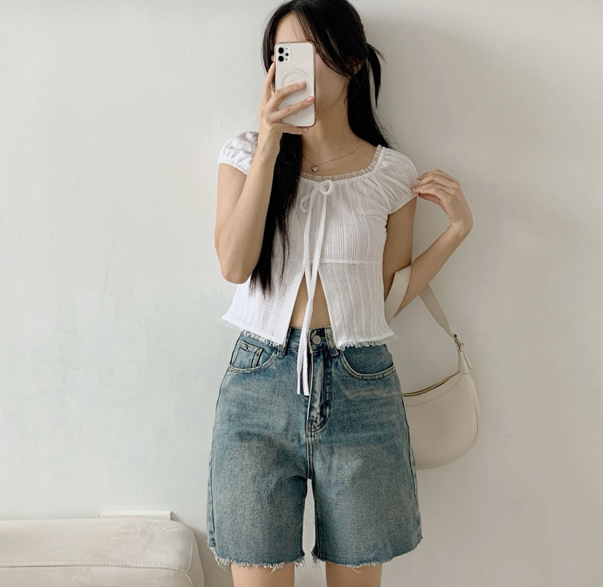 雙綁帶lace邊短袖