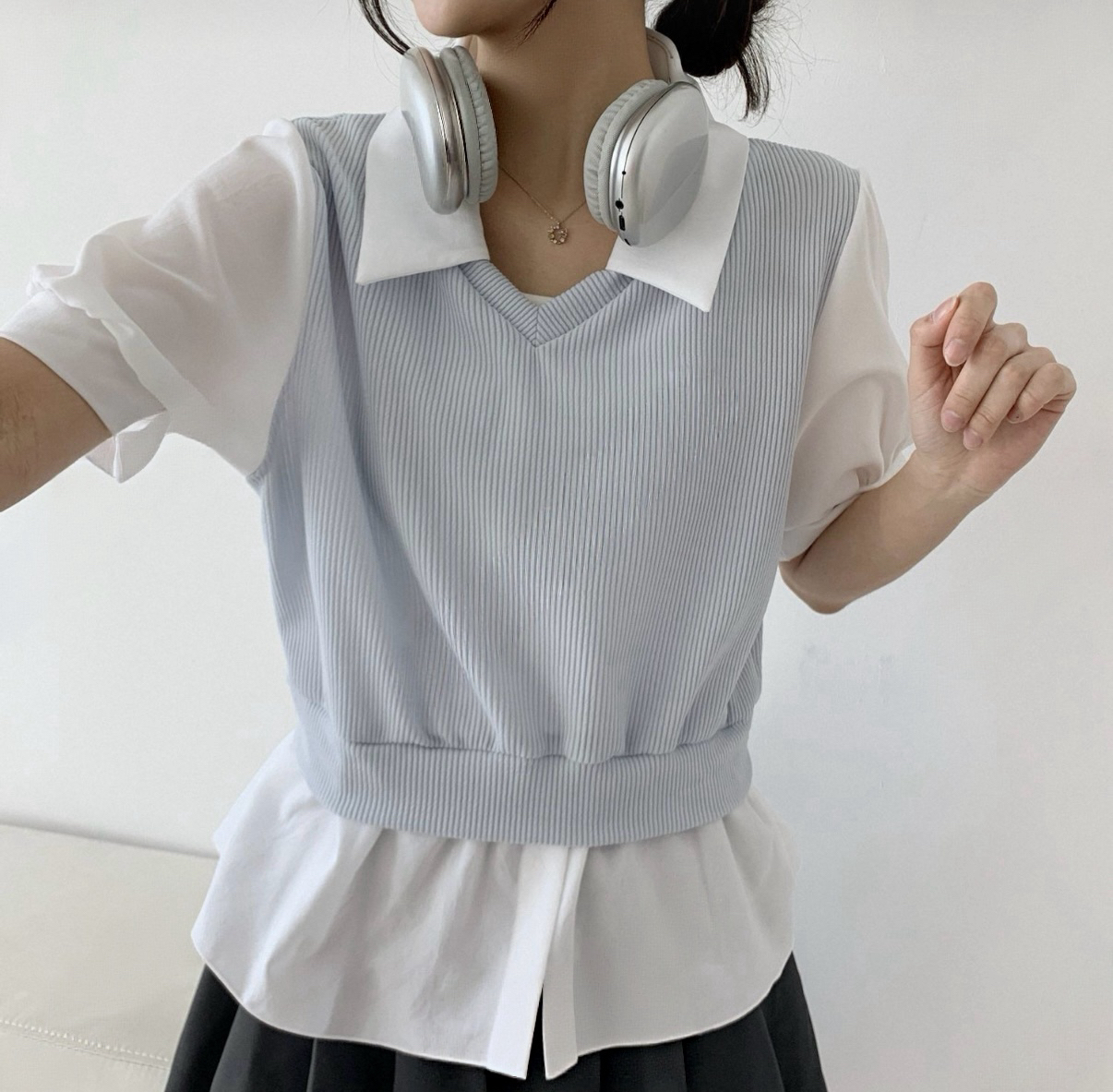 馬甲假兩件針織短袖