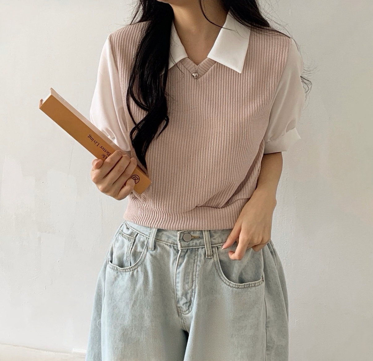 假兩件針織短袖襯衫