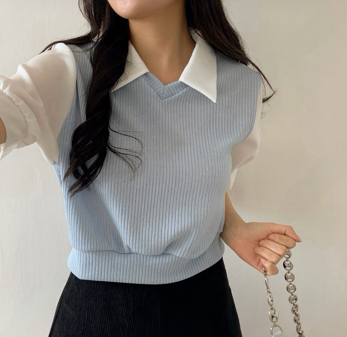 假兩件針織短袖襯衫